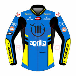 Front view of Raul Fernandez Aprilia TrackHouse 2025 race jacket in premium leather