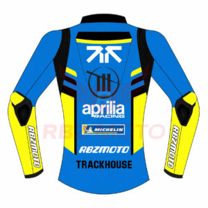 Back panel of Aprilia TrackHouse MotoGP replica jacket showing team graphics