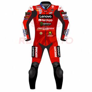 Front view of Francesco Bagnaia Ducati Lenovo MotoGP racing suit