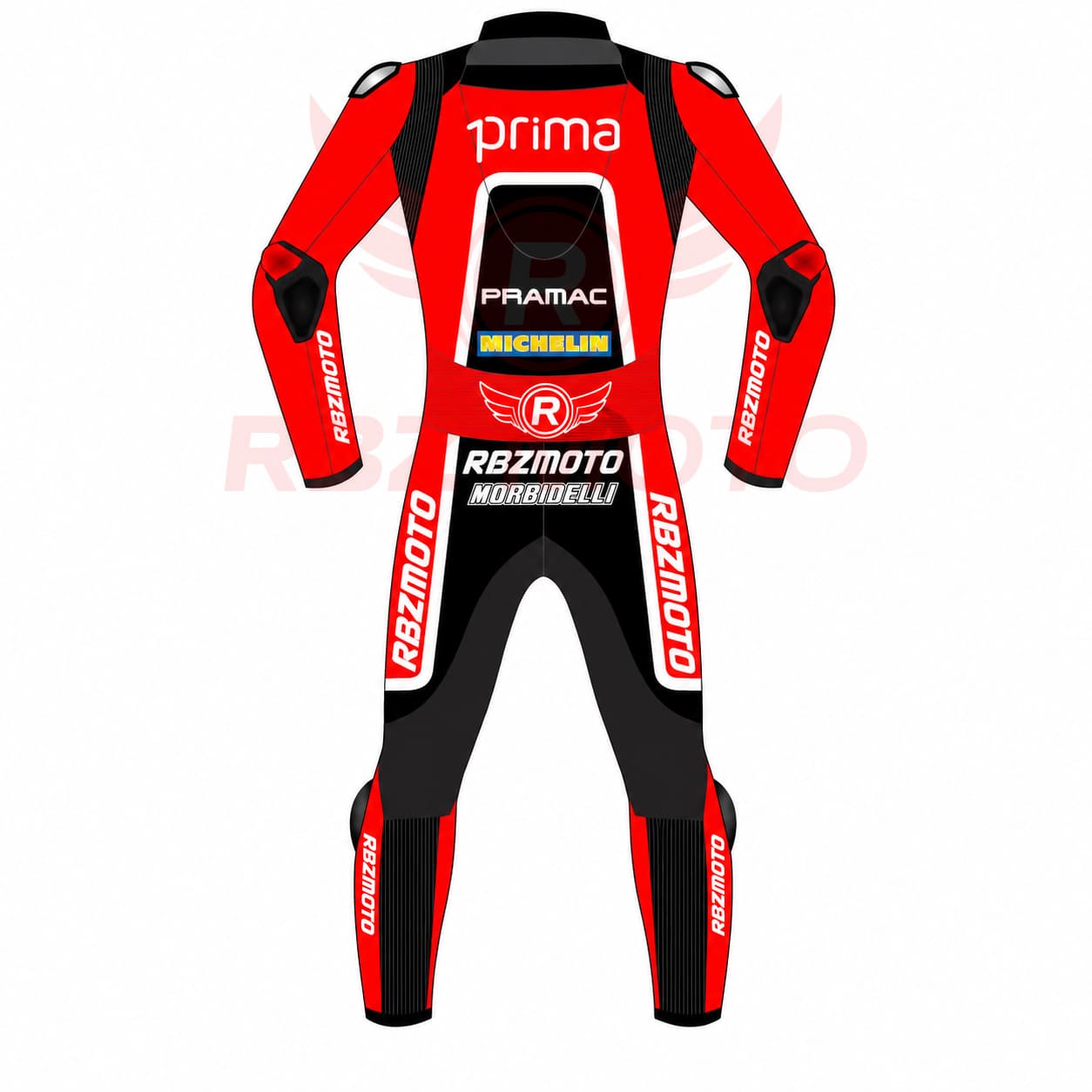 franco-morbidelli-ducati-pramac-racing-suit-back Back view of Franco Morbidelli Ducati Pramac racing suit