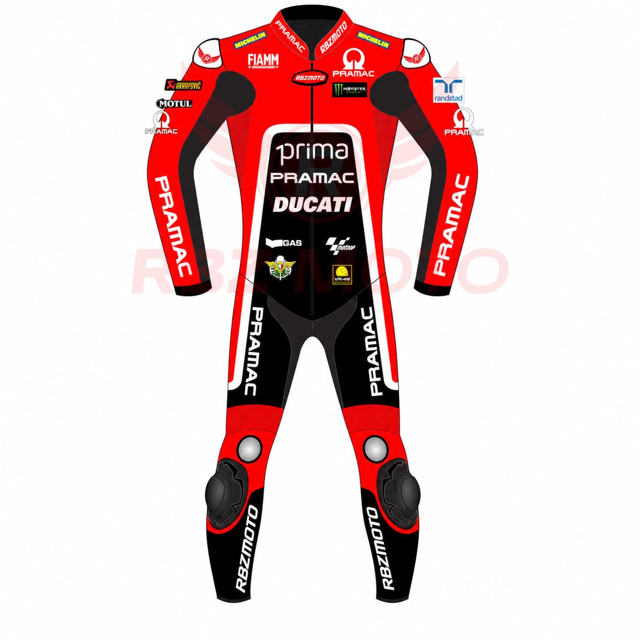 franco-morbidelli-ducati-pramac-racing-suit-front Franco Morbidelli Ducati Pramac MotoGP75 racing suit front view