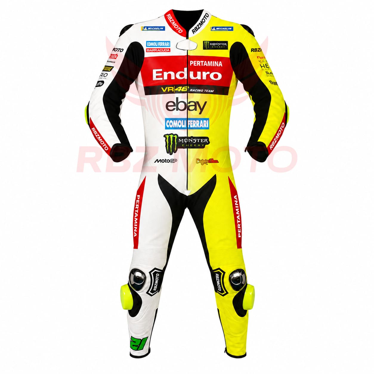 franco-morbidelli-ducati-racing-suit-front-view Front view of the Franco Morbidelli VR46 Ducati MotoGP leather racing suit