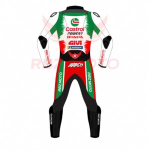 Back view of the Johann Zarco Honda Castrol MotoGP leather racing suit