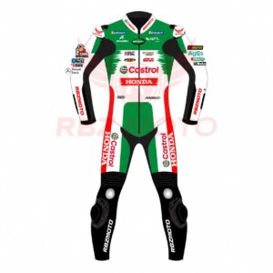 Front view of the Johann Zarco Honda Castrol MotoGP leather racing suit