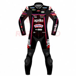 Front view of the Jorge Martin Aprilia MotoGP leather racing suit