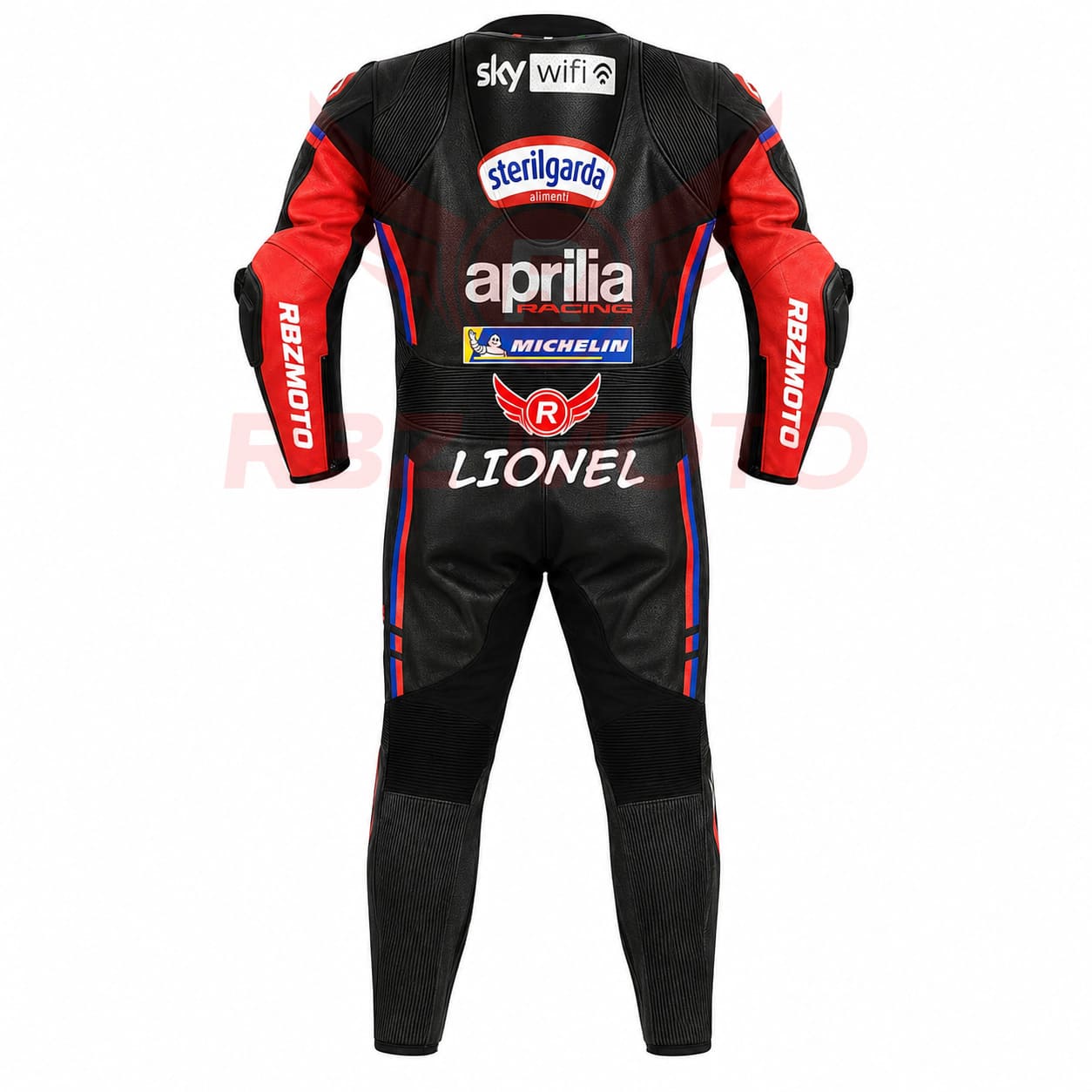marco-bezzecchi-aprilia-suit-back Back view of Aprilia MotoGP leather racing suit