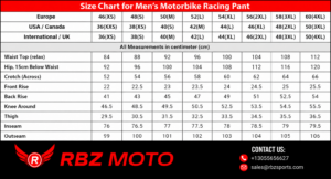 Size chart for men's motorbike racing pants