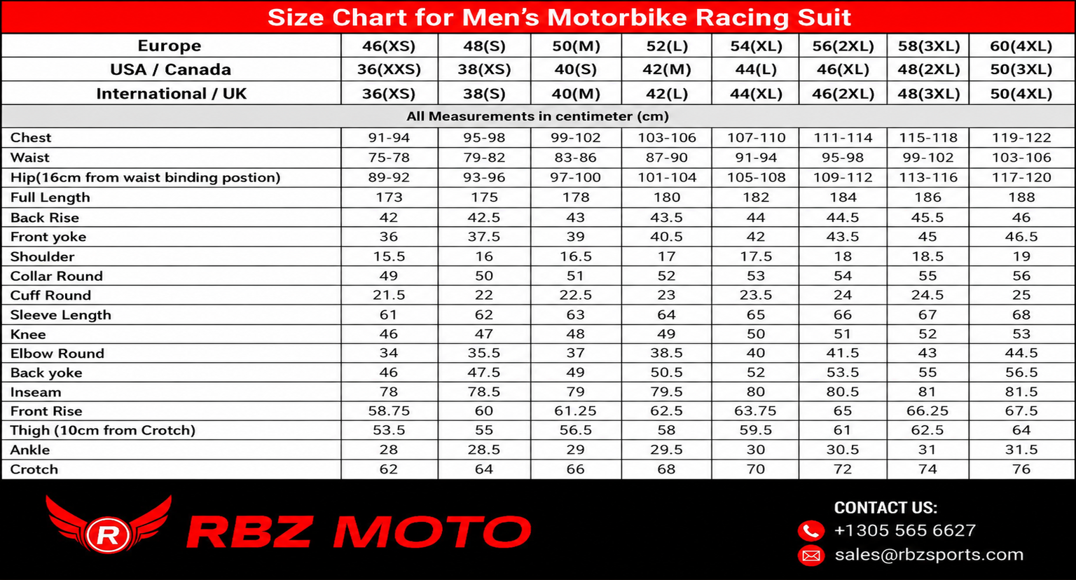 Men's motorbike racing suit size chart