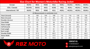 Size chart for women's motorbike racing jacket