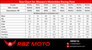 Size chart for women's motorbike racing pants